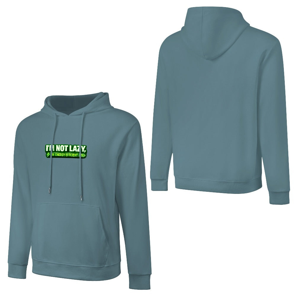 Sweatshirt cinzento-ardósia com capuz, vista de frente e de costas, com inscrição verde no peito e costas lisas.
