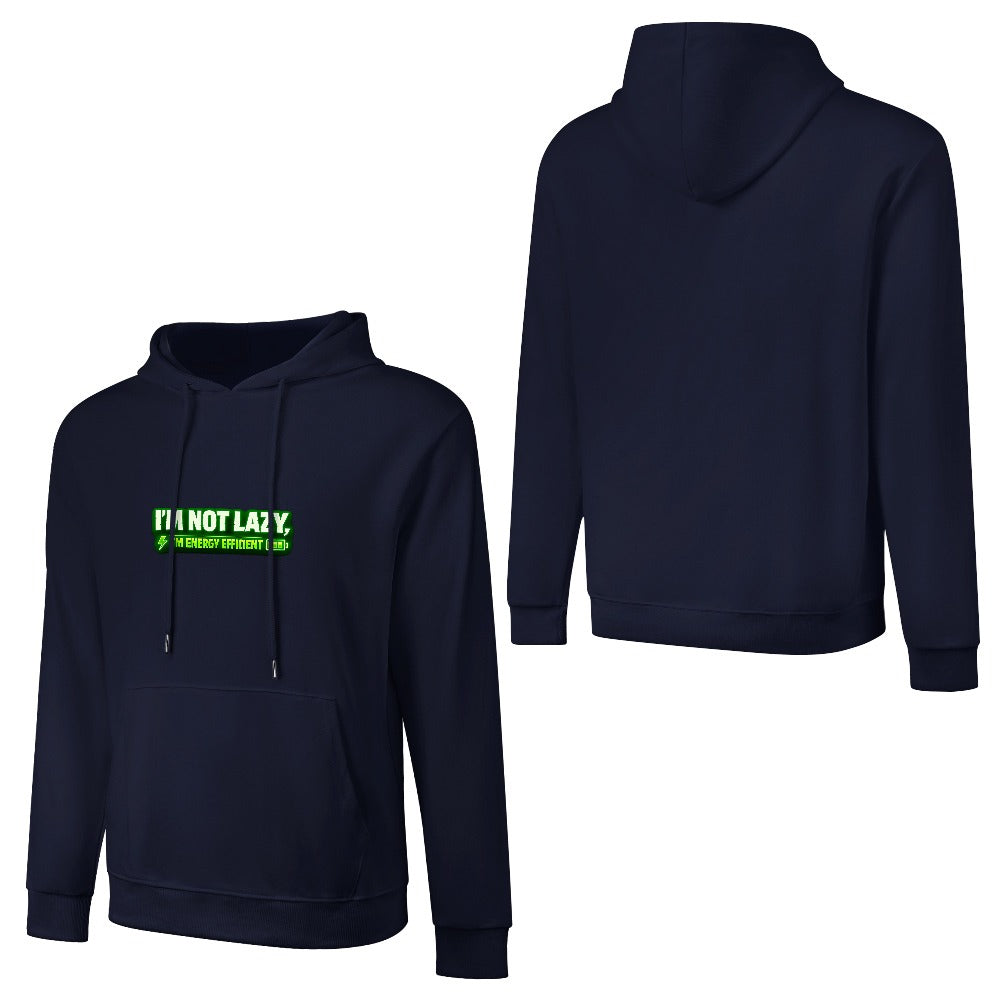 Sweatshirt escura com capuz, vista de frente e de costas, com inscrição verde no peito e costas lisas.