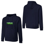 Sweatshirt escura com capuz, vista de frente e de costas, com inscrição verde no peito e costas lisas.