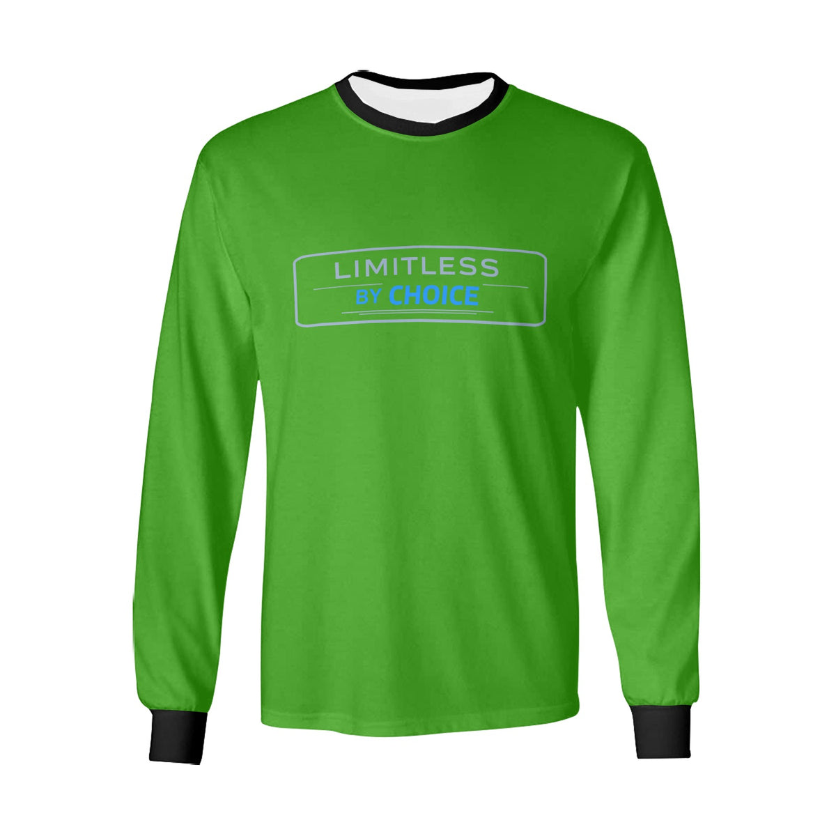 Sweatshirt verde de manga comprida, com gola e punhos pretos e inscrição Limitless By Choice, vista de frente.