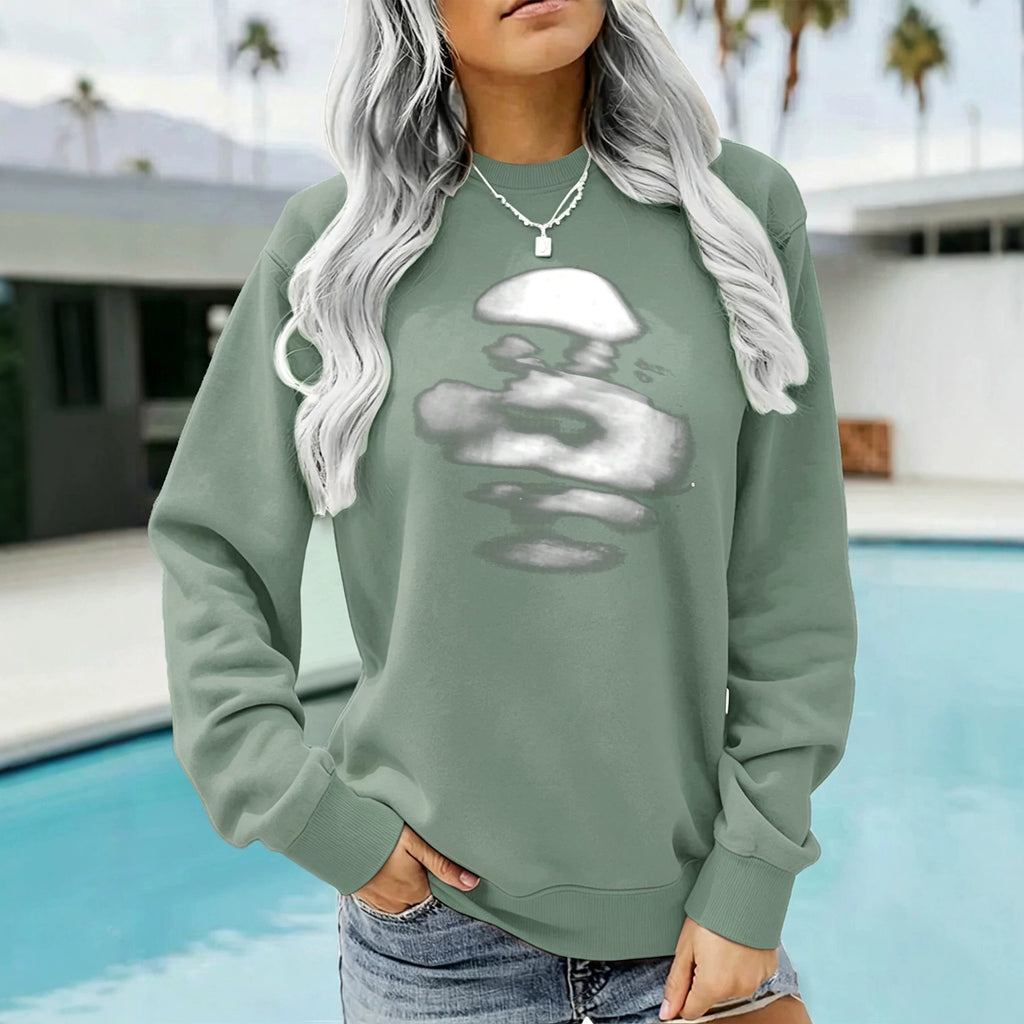 Blurred face printed round neck fleece hoodie