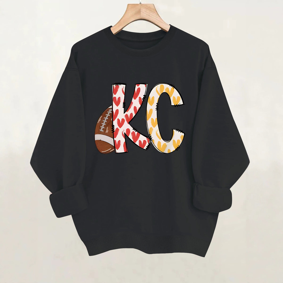 Love football letter printed round neck fleece hoodie