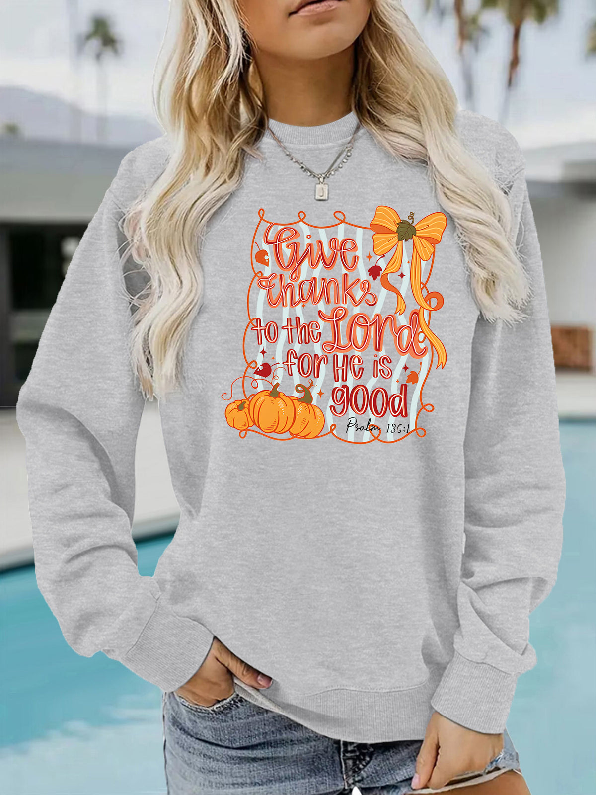 Pumpkin print loose round neck hoodie