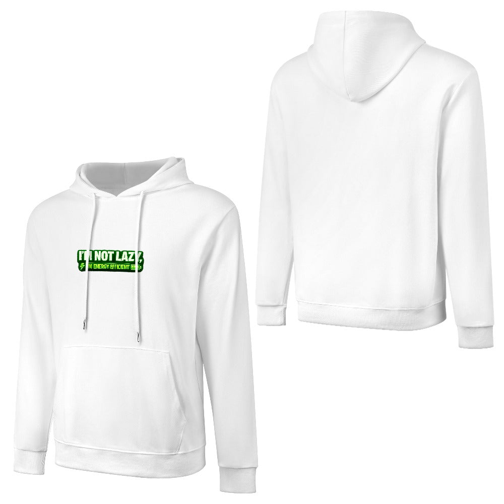 Sweatshirt branca com capuz, vista de frente e de costas, com inscrição verde no peito e costas lisas.