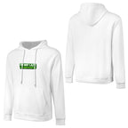 Sweatshirt branca com capuz, vista de frente e de costas, com inscrição verde no peito e costas lisas.