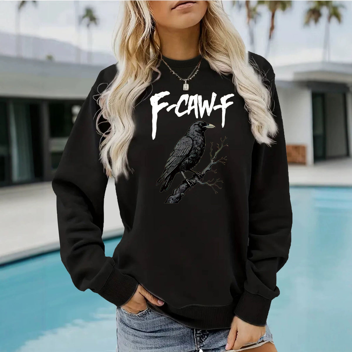 Gothic letter printed round neck hoodie