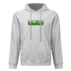 Sweatshirt cinzenta com capuz, bolso canguru e inscrição verde I’m Not Lazy, I’m Energy Efficient, vista de frente.