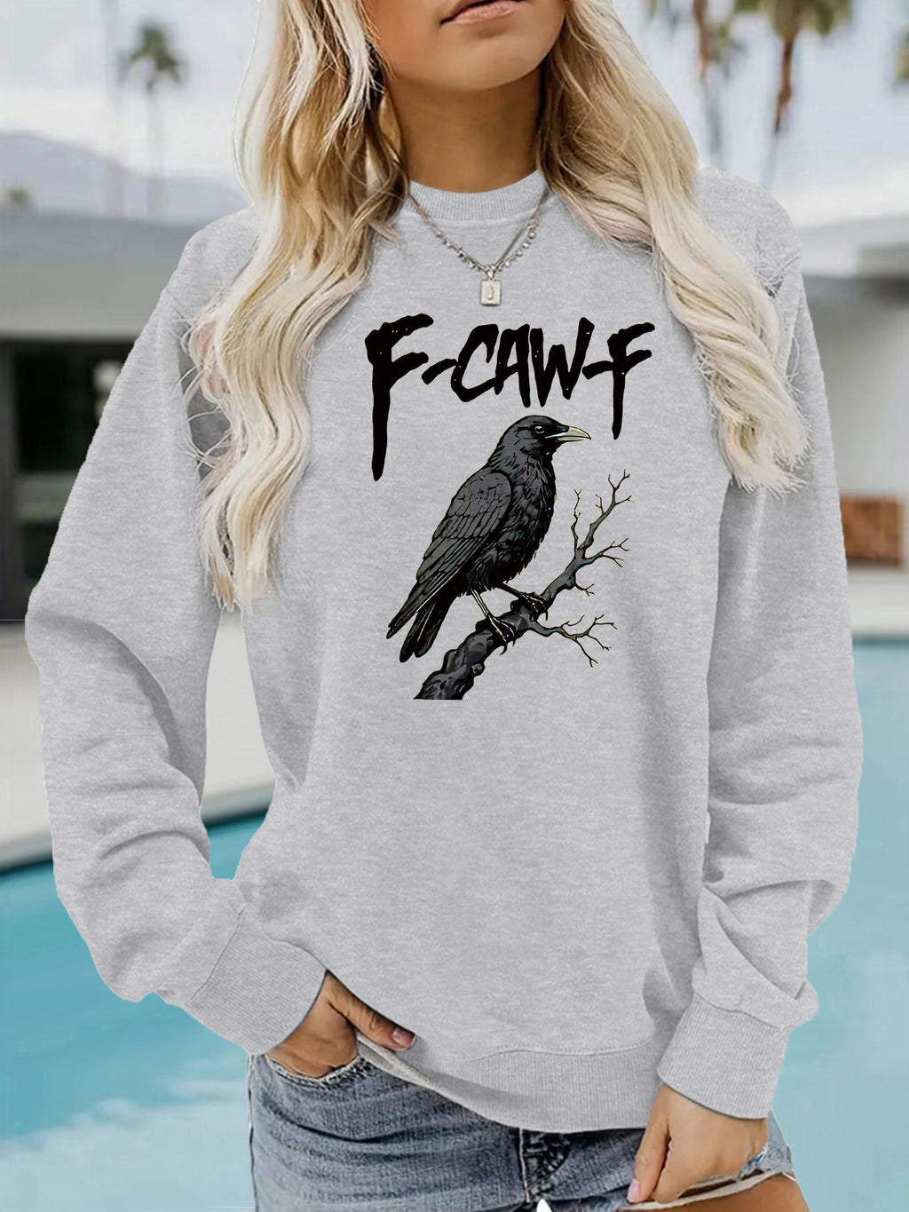 Gothic letter printed round neck hoodie