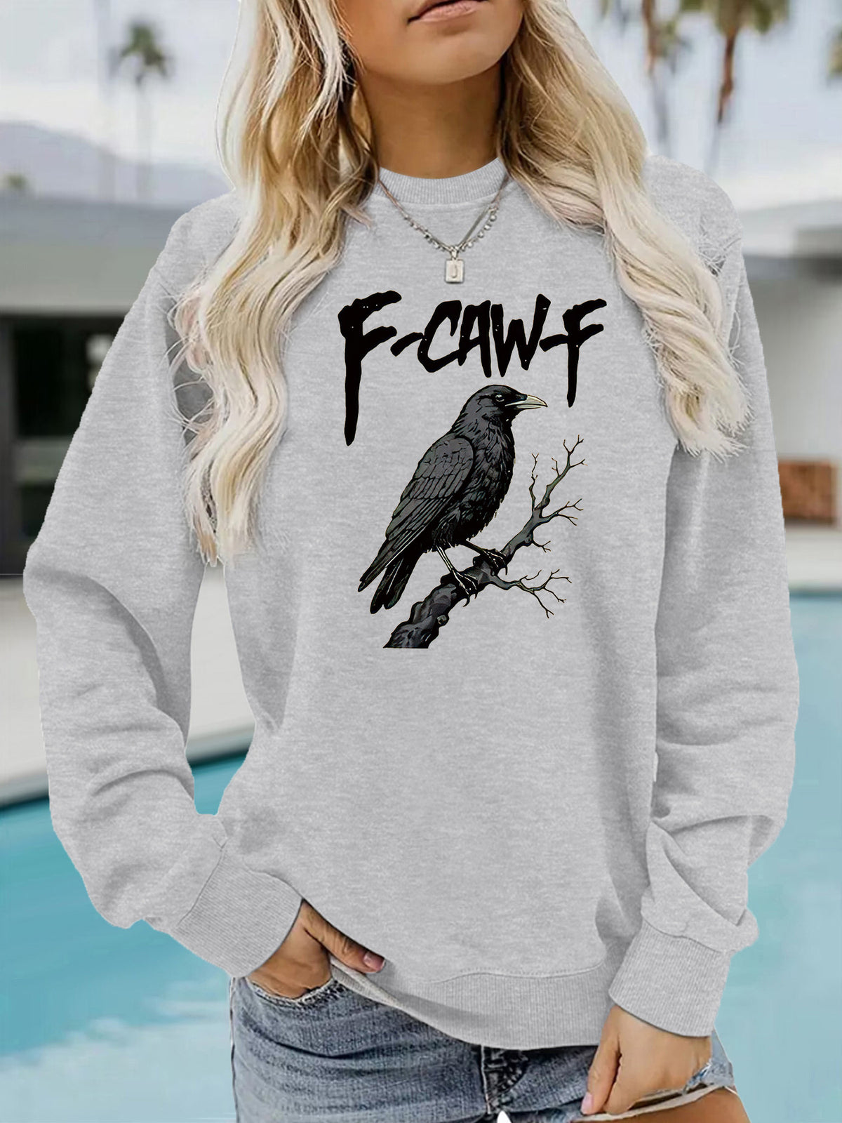 Gothic letter printed round neck hoodie
