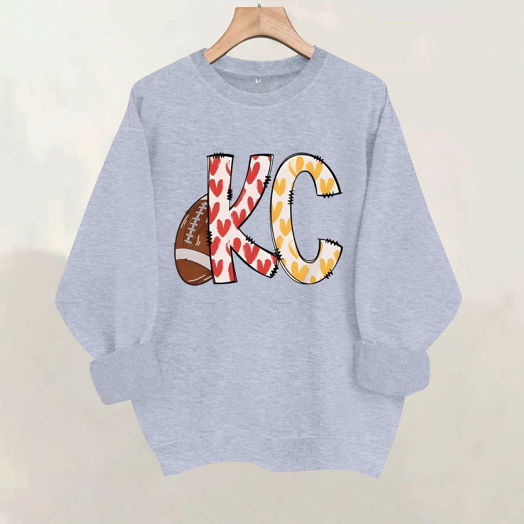 Love football letter printed round neck fleece hoodie