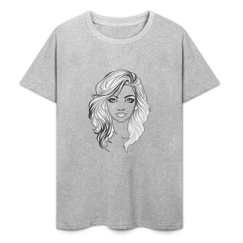 T-shirt Retrato Line Art — Mulher com Cabelo Ondulado