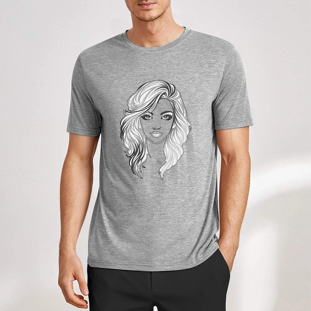 T-shirt Retrato Line Art — Mulher com Cabelo Ondulado
