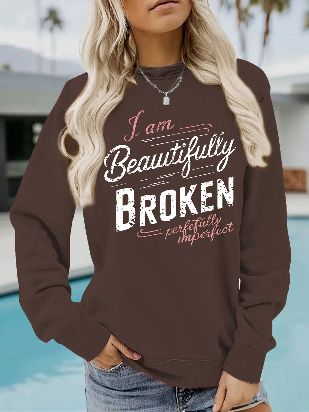 Letter pattern printed round neck hoodie