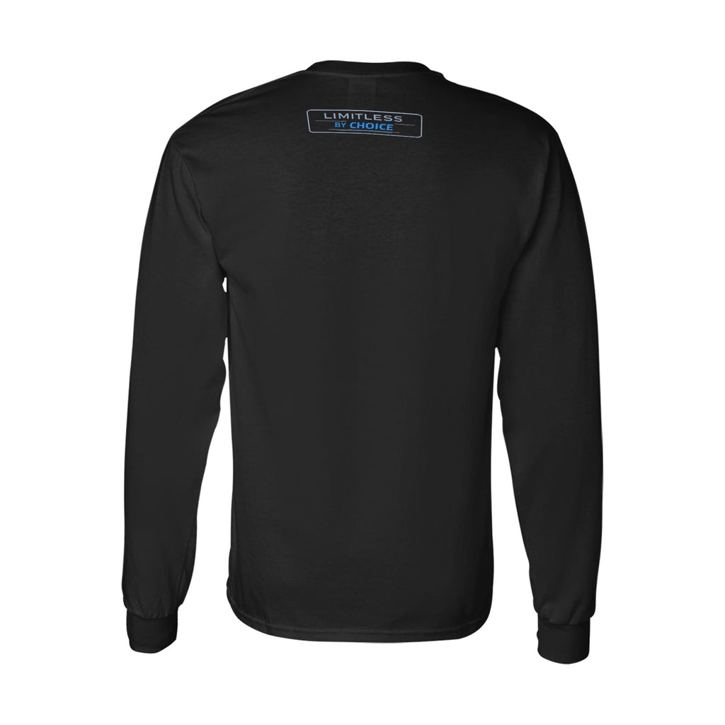 Sweatshirt preta de manga comprida, com gola e punhos pretos e inscrição Limitless By Choice, vista de costas.