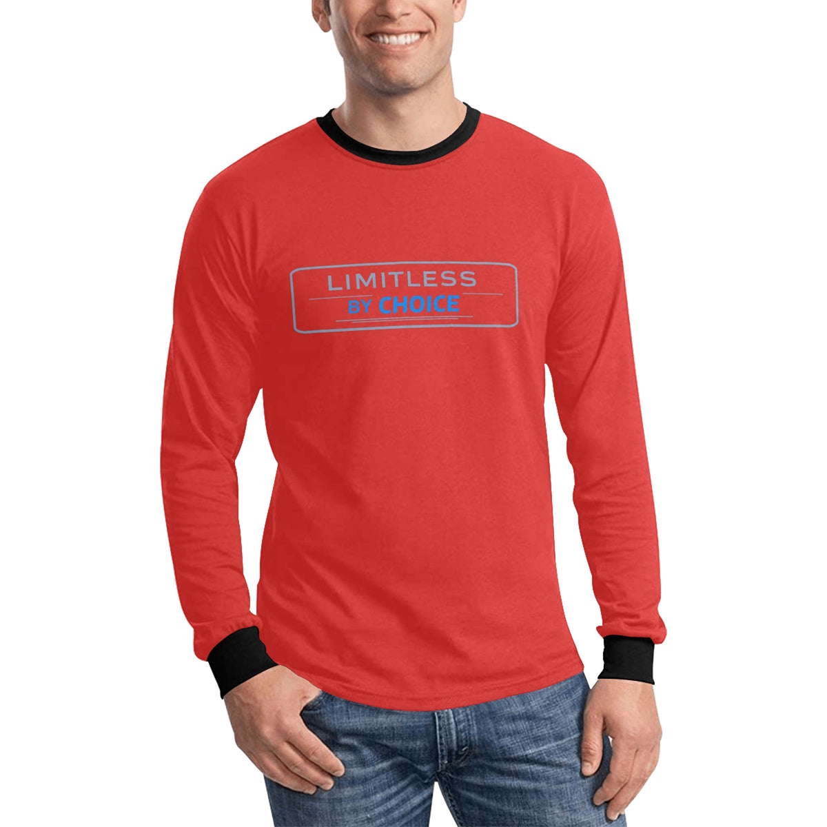 Sweatshirt vermelha de manga comprida, com gola e punhos pretos e inscrição Limitless By Choice, vista de frente, usada por um modelo.