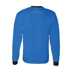 Sweatshirt azul de manga comprida, com gola e punhos pretos e inscrição Limitless By Choice, vista de costas.