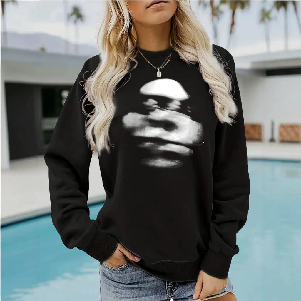 Blurred face printed round neck fleece hoodie