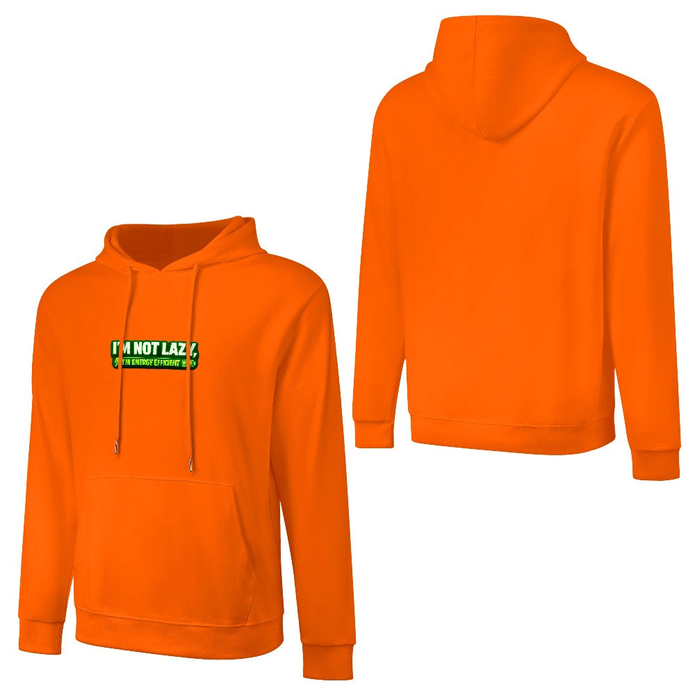 Sweatshirt laranja com capuz, vista de frente e de costas, com inscrição verde no peito e costas lisas.