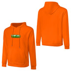 Sweatshirt laranja com capuz, vista de frente e de costas, com inscrição verde no peito e costas lisas.