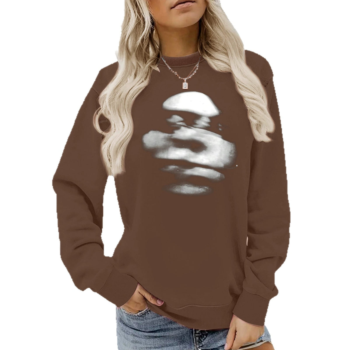 Blurred face printed round neck fleece hoodie