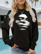 Blurred face printed round neck fleece hoodie
