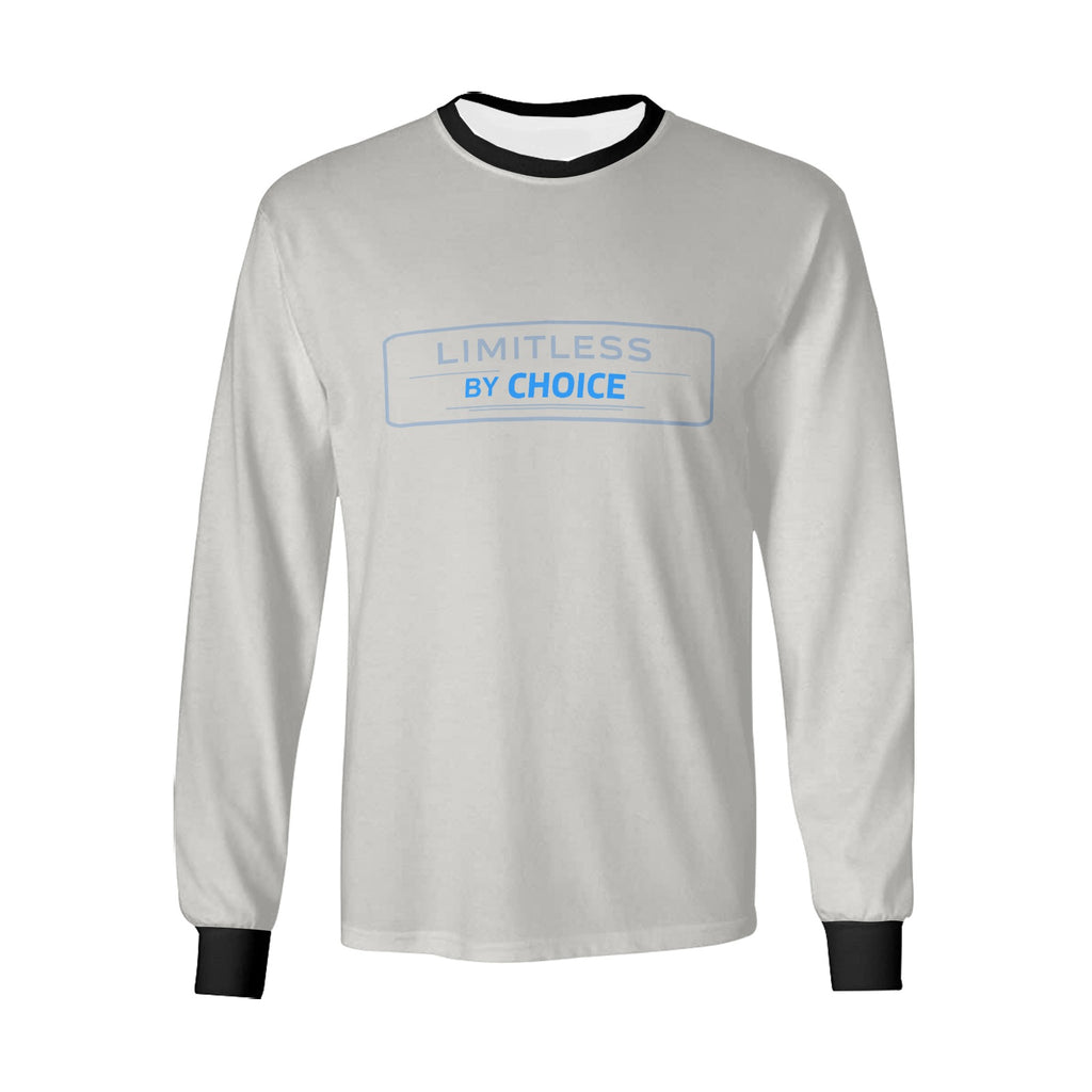 Sweatshirt cinzenta de manga comprida, com gola e punhos pretos e inscrição Limitless By Choice, vista de frente.