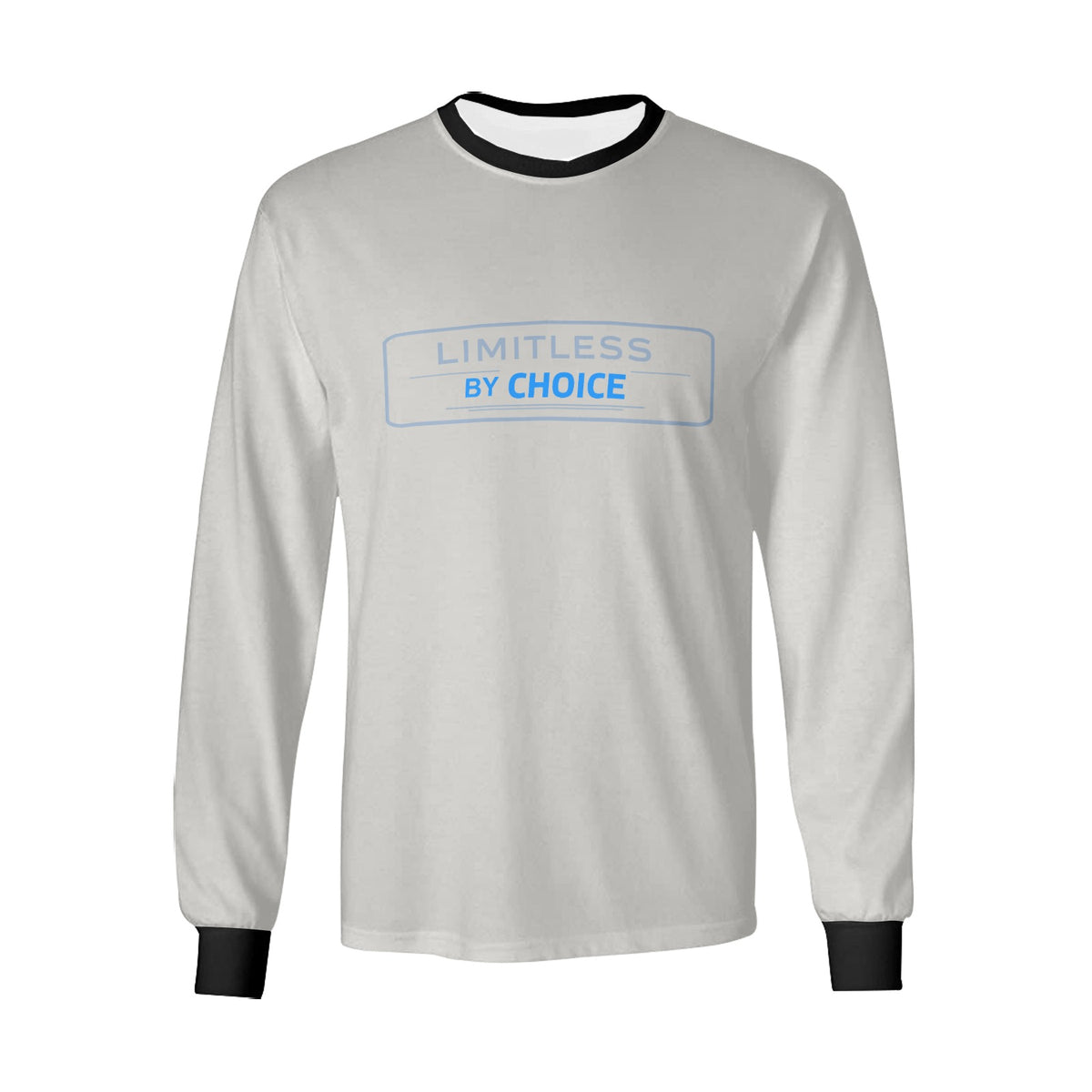 Sweatshirt cinzenta de manga comprida, com gola e punhos pretos e inscrição Limitless By Choice, vista de frente.