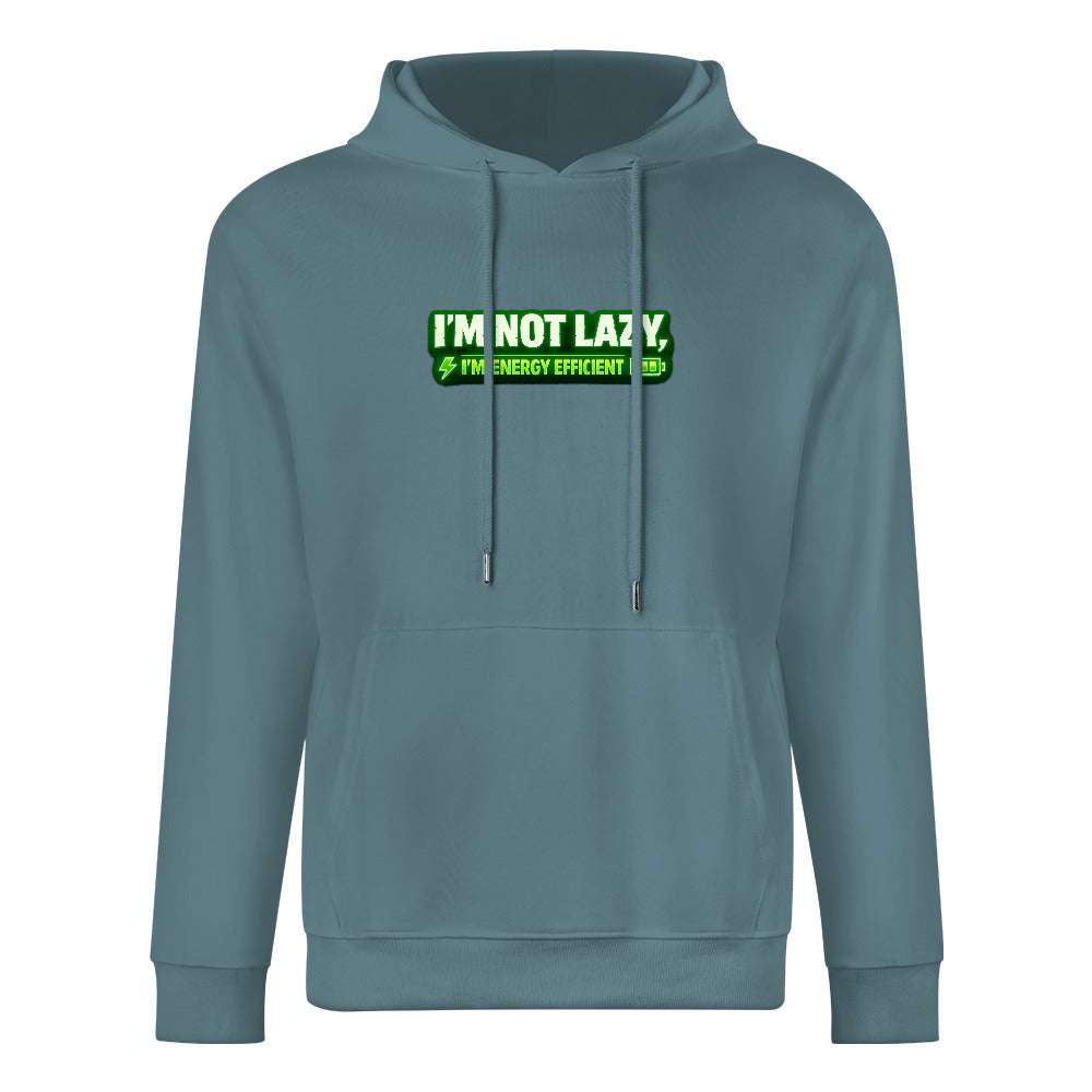 Sweatshirt cinzento-ardósia com capuz e inscrição verde I’m Not Lazy, I’m Energy Efficient, vista de frente.