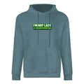 Sweatshirt cinzento-ardósia com capuz e inscrição verde I’m Not Lazy, I’m Energy Efficient, vista de frente.
