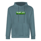Sweatshirt cinzento-ardósia com capuz e inscrição verde I’m Not Lazy, I’m Energy Efficient, vista de frente.