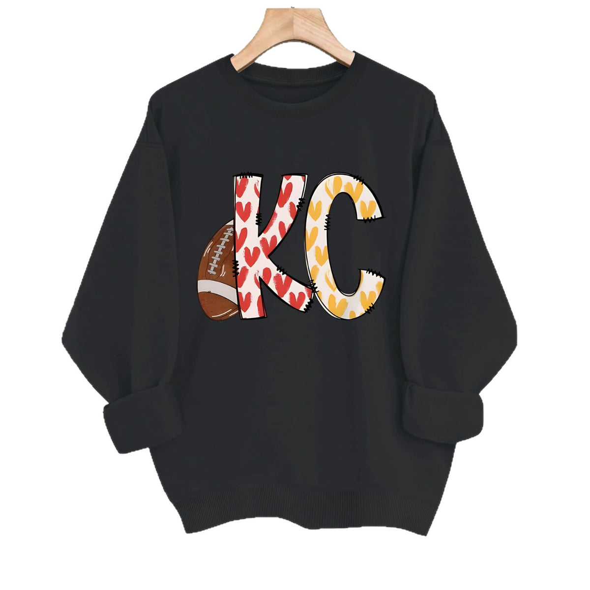 Love football letter printed round neck fleece hoodie