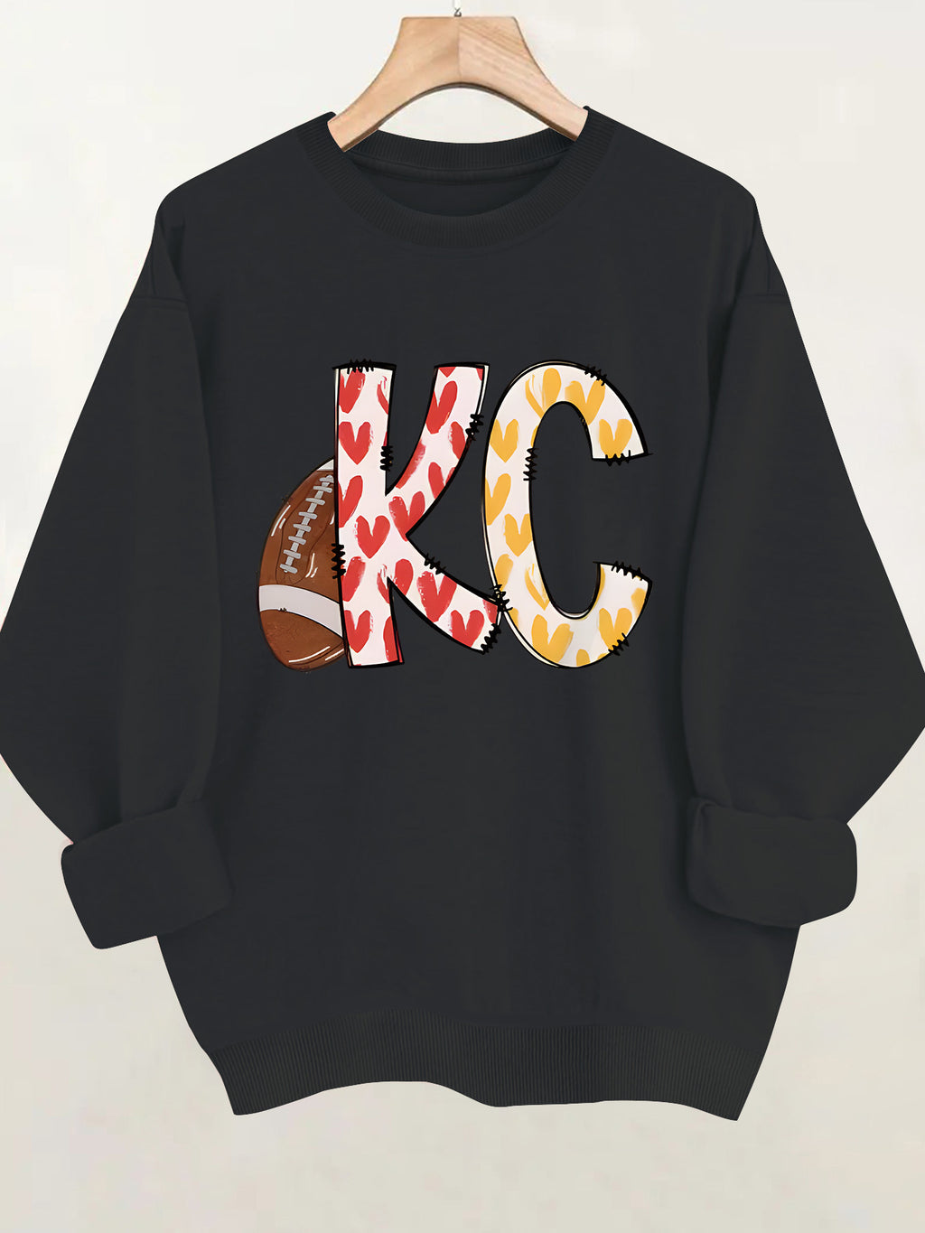 Love football letter printed round neck fleece hoodie