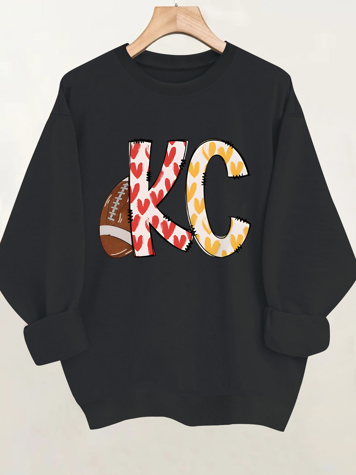 Love football letter printed round neck fleece hoodie