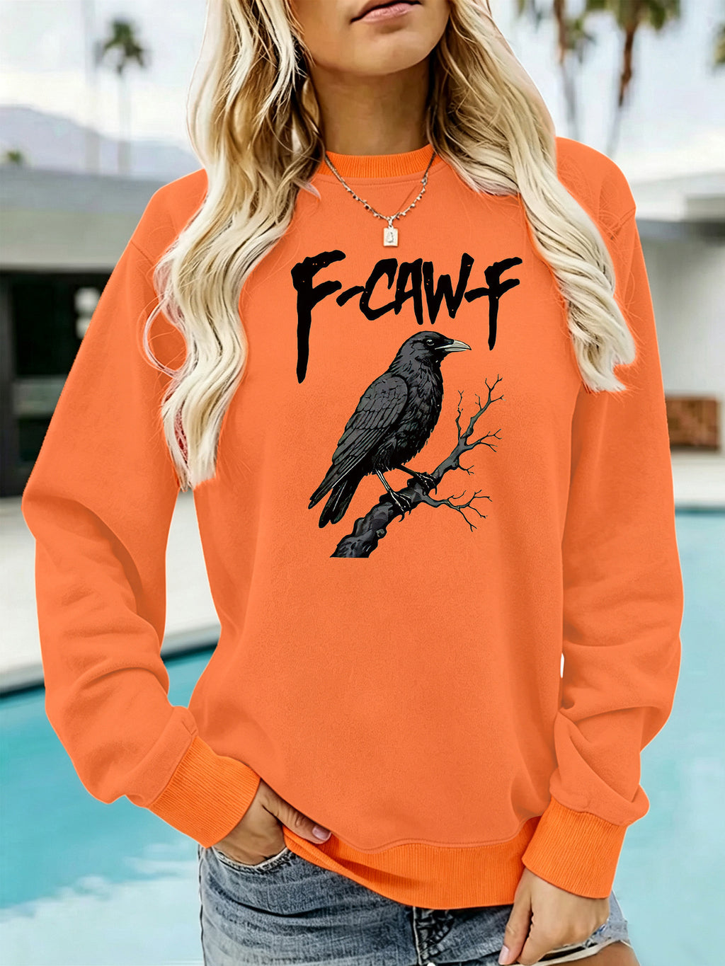 Gothic letter printed round neck hoodie