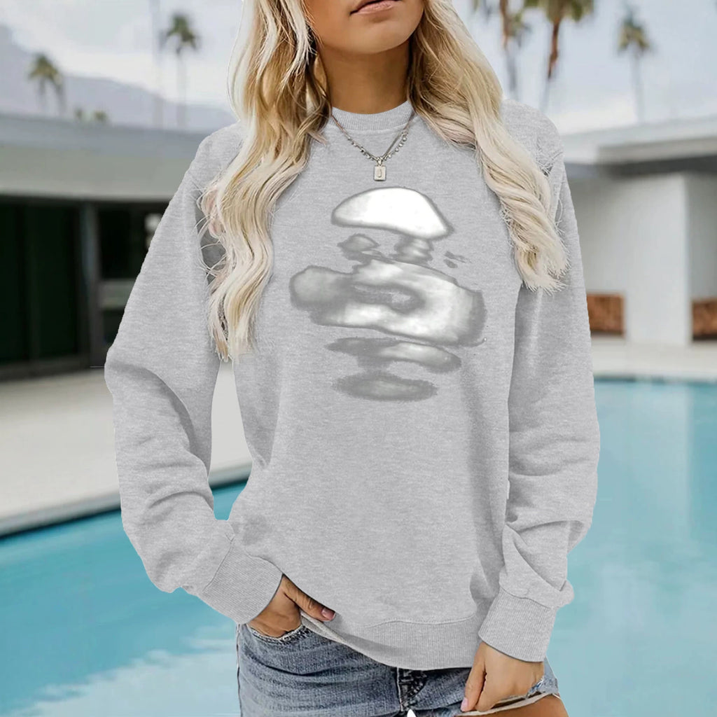 Blurred face printed round neck fleece hoodie