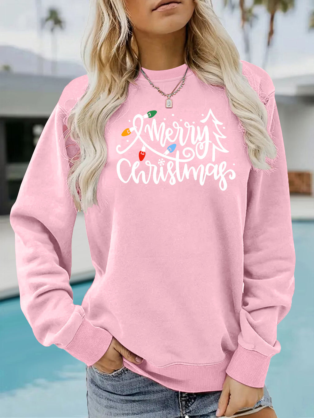 Light strip printed loose women's fleece hoodie