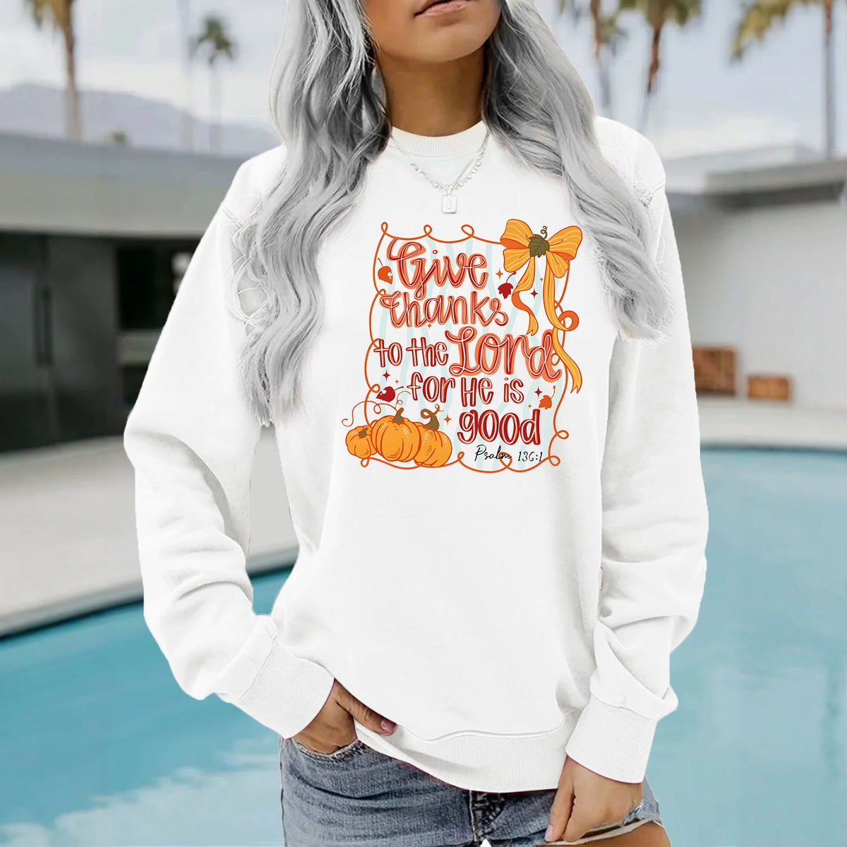 Pumpkin print loose round neck hoodie