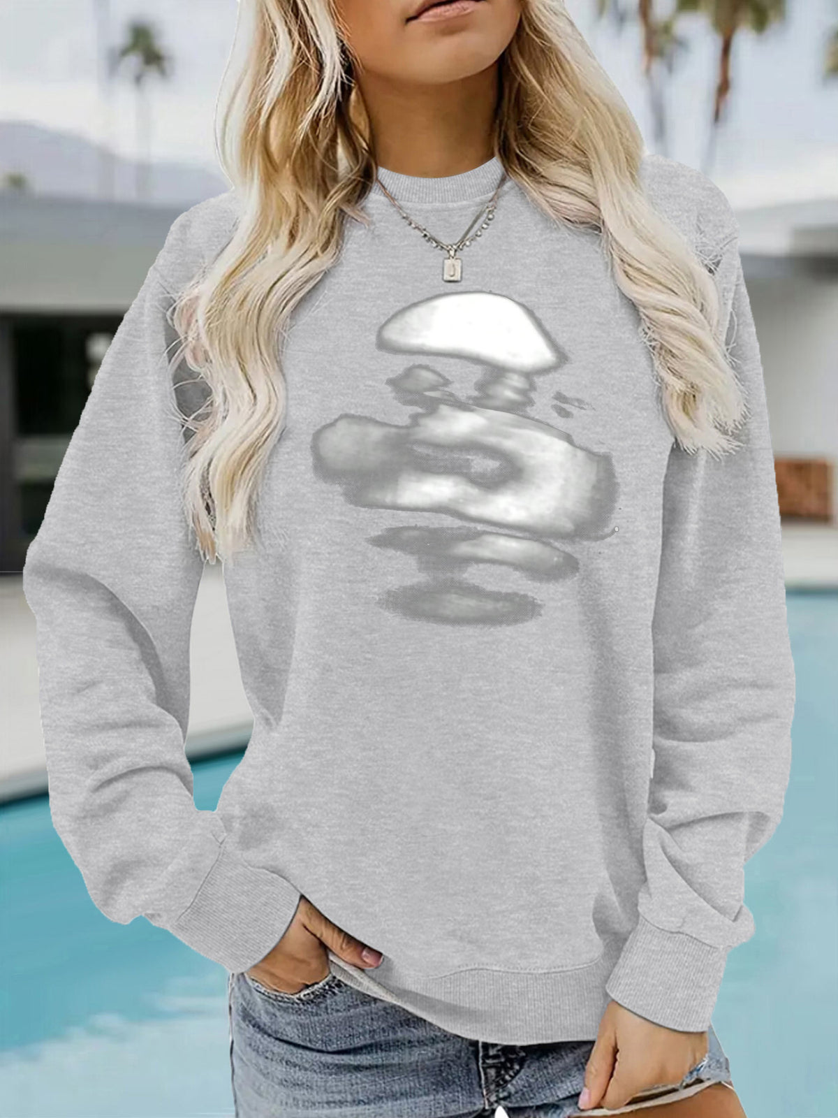 Blurred face printed round neck fleece hoodie