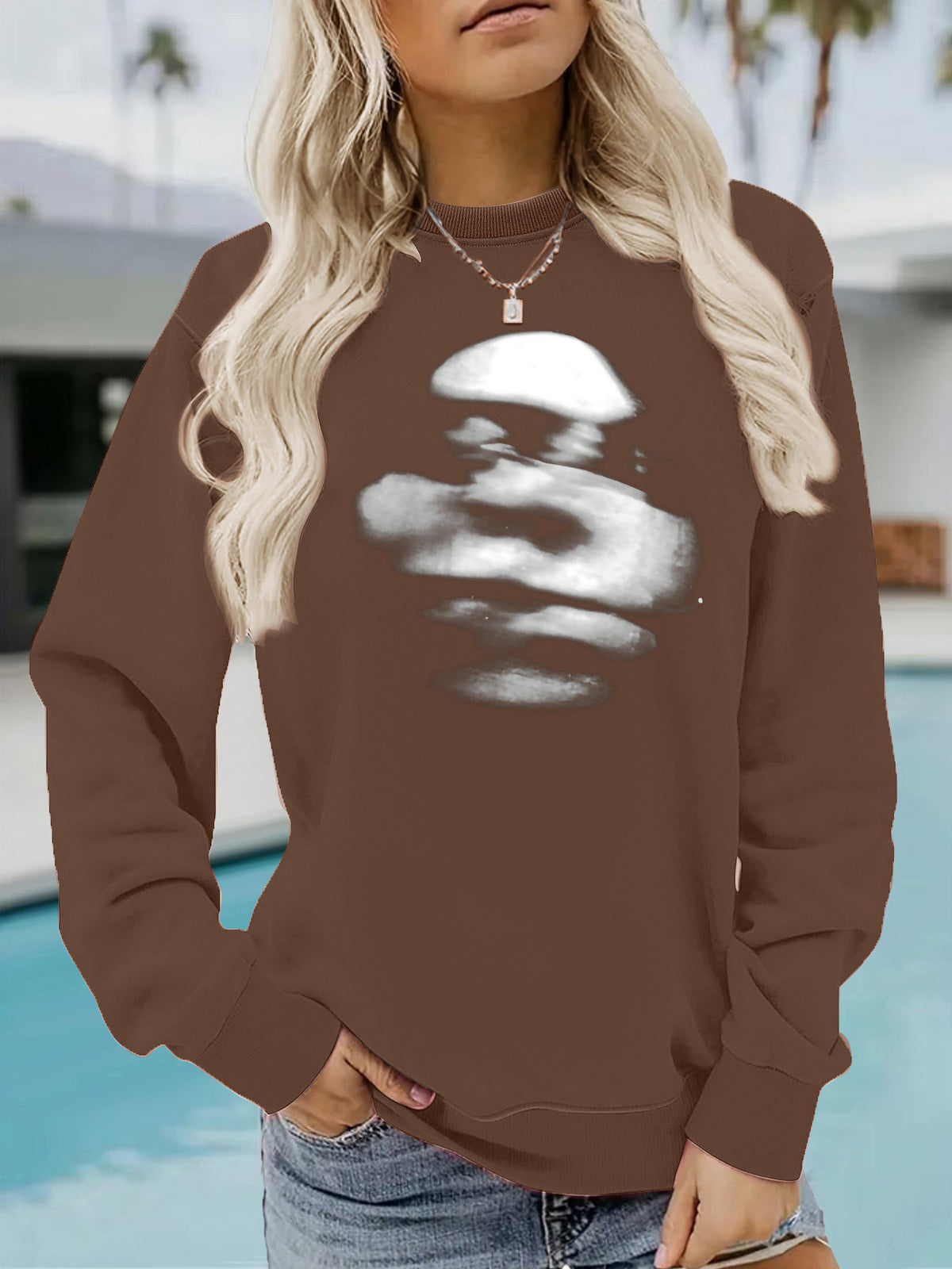 Blurred face printed round neck fleece hoodie