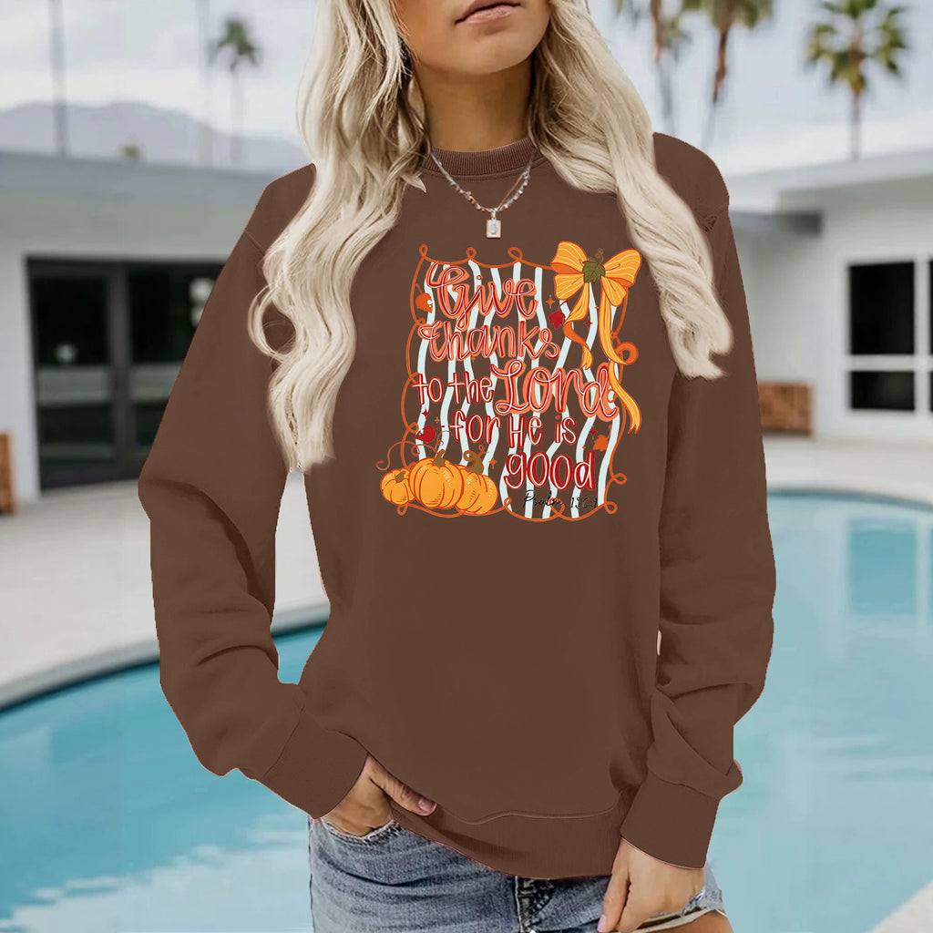 Pumpkin print loose round neck hoodie