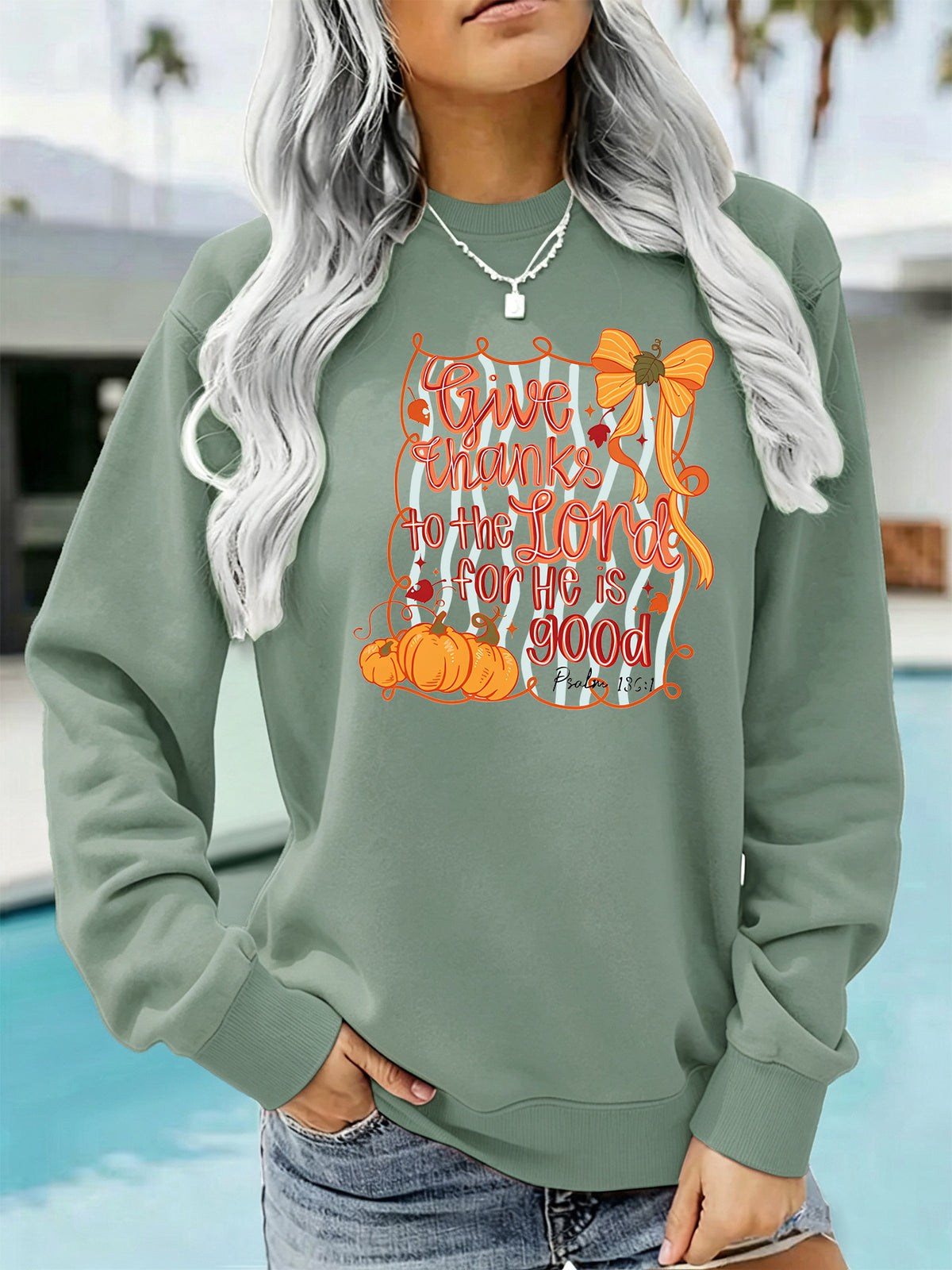 Pumpkin print loose round neck hoodie