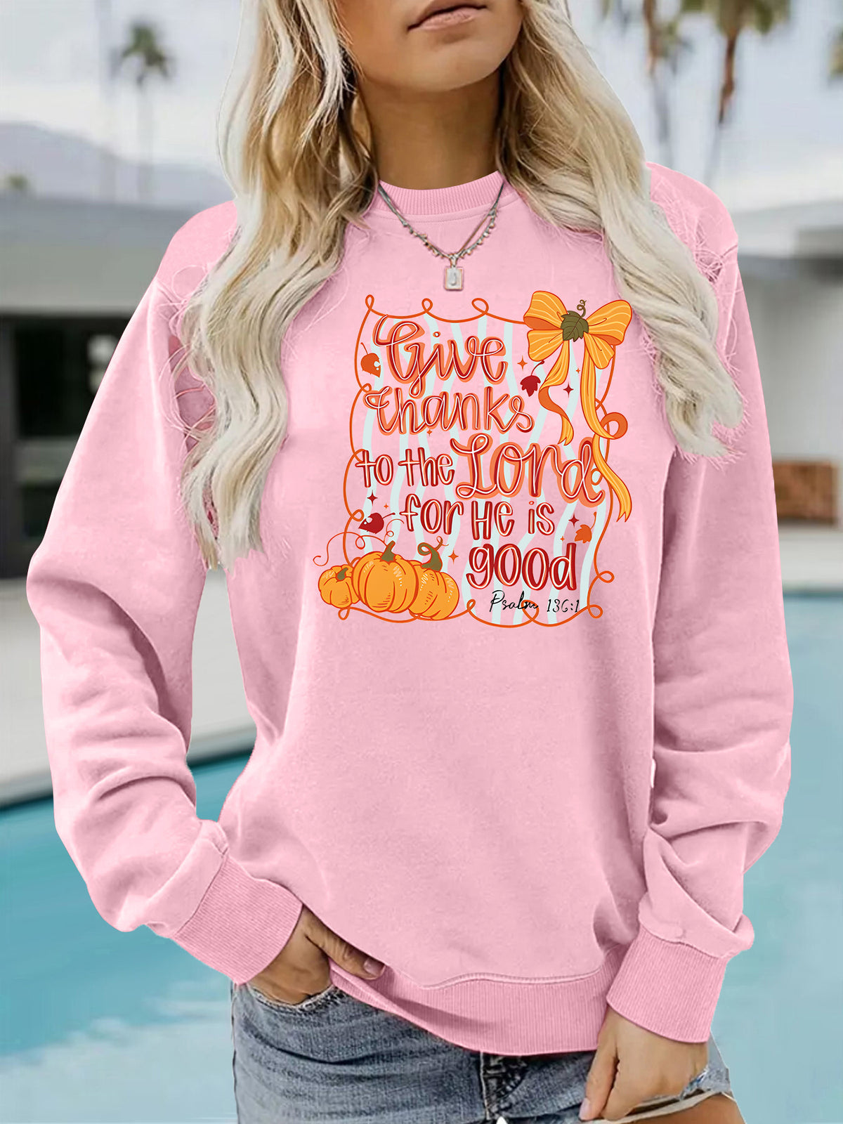 Pumpkin print loose round neck hoodie