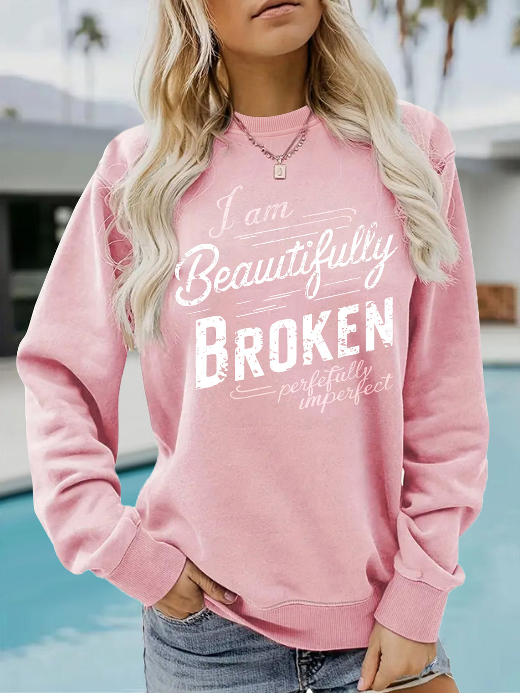Letter pattern printed round neck hoodie