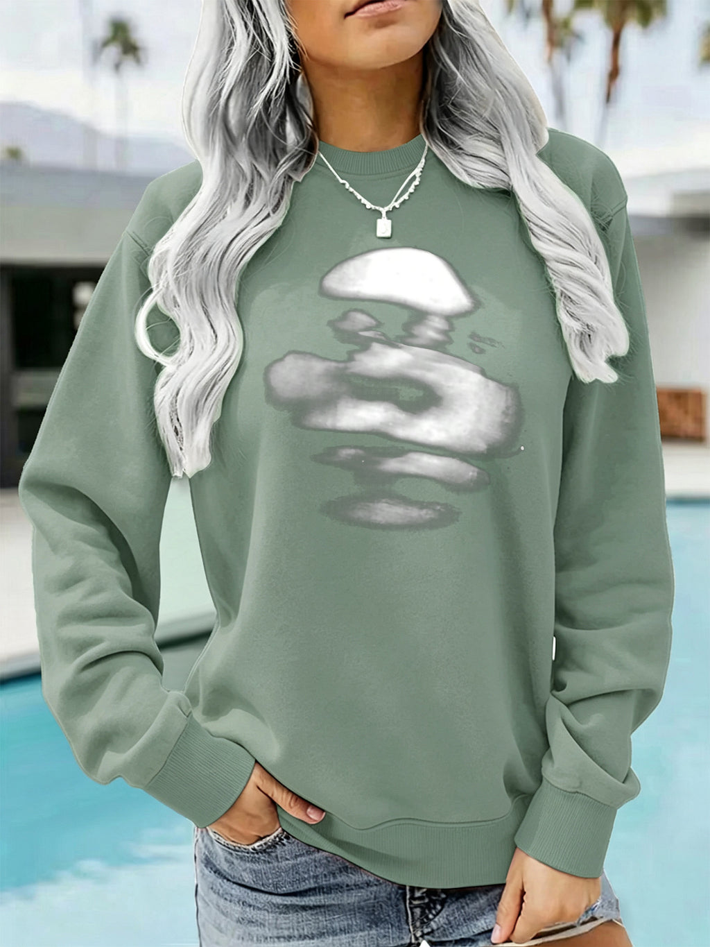 Blurred face printed round neck fleece hoodie