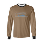Sweatshirt castanha de manga comprida, com gola e punhos pretos e inscrição Limitless By Choice, vista de frente.