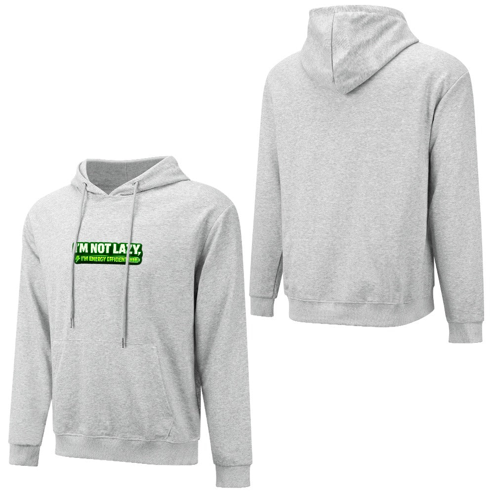 Sweatshirt cinzenta com capuz, vista de frente e de costas, com inscrição verde no peito e costas lisas.