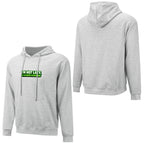 Sweatshirt cinzenta com capuz, vista de frente e de costas, com inscrição verde no peito e costas lisas.