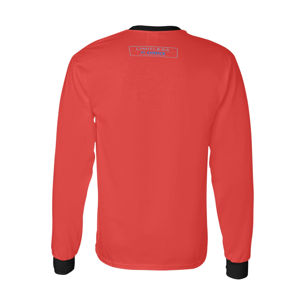 Sweatshirt vermelha de manga comprida, com gola e punhos pretos e inscrição Limitless By Choice, vista de costas.