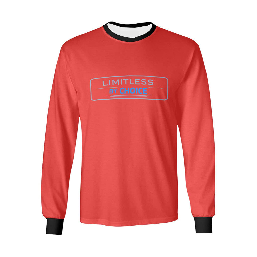 Sweatshirt vermelha de manga comprida, com gola e punhos pretos e inscrição Limitless By Choice, vista de frente.