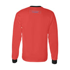 Sweatshirt vermelha de manga comprida, com gola e punhos pretos e inscrição Limitless By Choice, vista de costas.